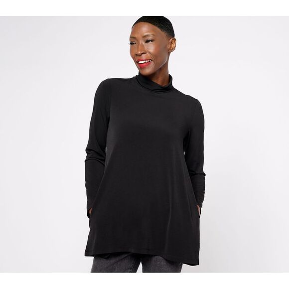 Susan Graver Women's Top Petite PL Modern Essentials Pet Liquid Black A618784 - Picture 1 of 4